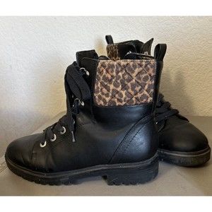 Nine West WOMENS Black with Animal Print Lace Up Side Zip Combat Boots SIZE 8M